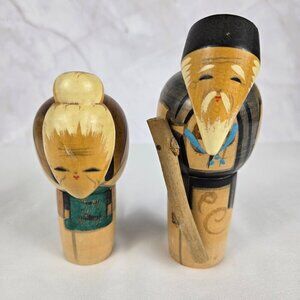 Vintage Japanese Kokeshi Grandma & Grandpa Dolls Traditional Clothing Style